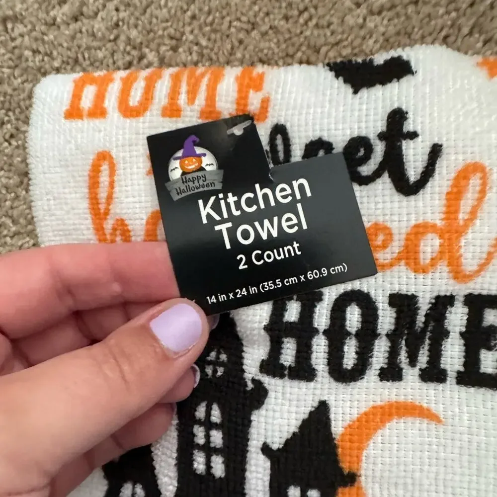 NWT 3 Piece Set Halloween Haunted House 2 Kitchen Towels & 1 Pot Holder Bats